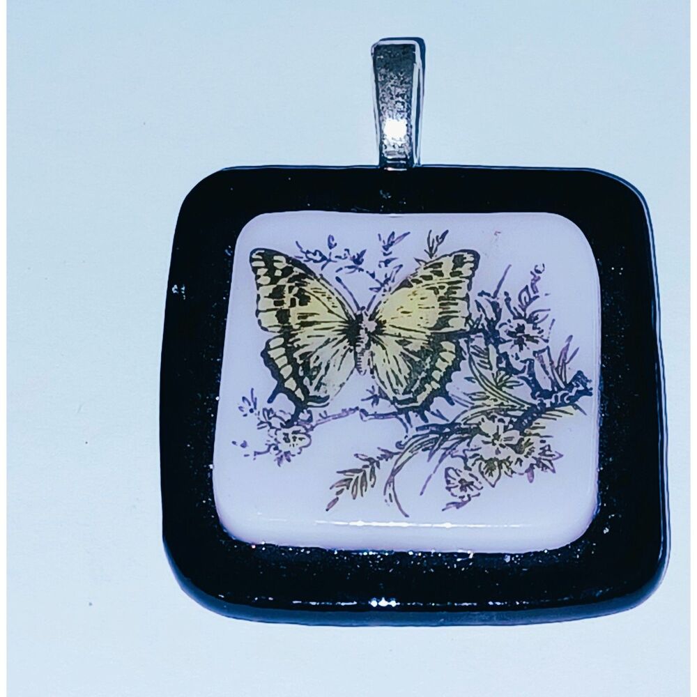 Pretty butterfly with flowers on white & black Fused glass pendant Great gift